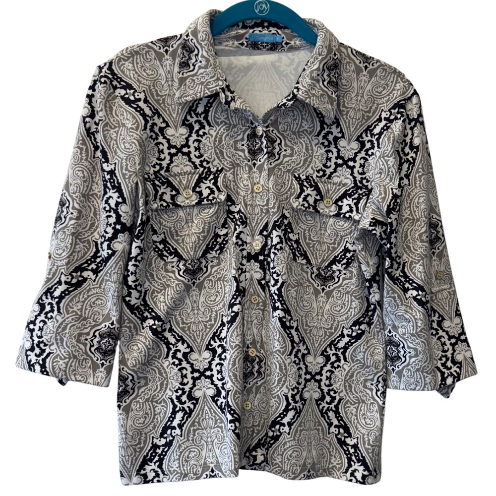 J McLaughlin Women's Size Small Black White Gray Paisley Print Button Down Shirt